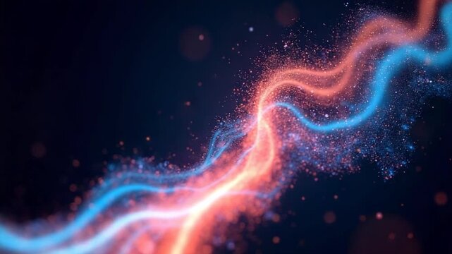 A stream of flying particles forming a residual effect. Colorful particle background. Wave of particles. Night space sky