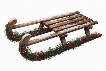 Wooden sled decorated with winter greenery and berries on a light background
