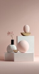 Pink and white geometric objects and a small vase.
