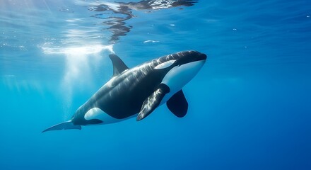 Fototapeta premium An orca swimming in the ocean, with sunlight filtering through the water.