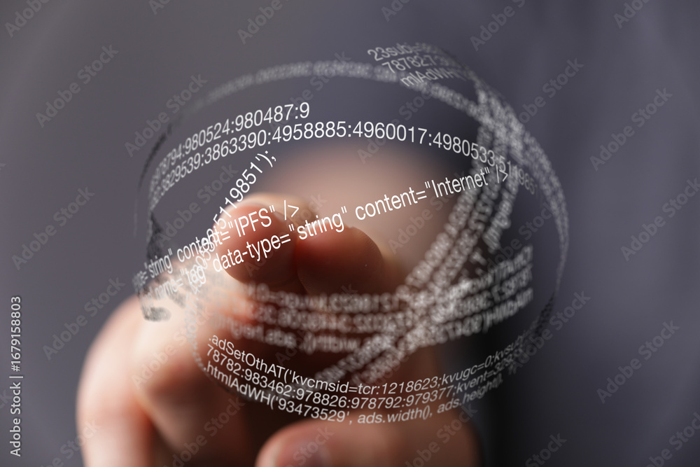 Poster abstract image of a hand interacting with a digital sphere filled with code and data.