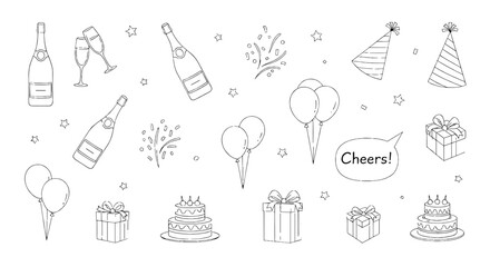Celebration elements with champagne and gifts. Party, cheers, birthday, festive, events, celebration, holidays, special occasions, fun, decoration, greeting.