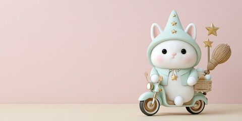 Wizard Cat Cartoon Adorable cartoon bunny character in wizard outfit riding a small scooter
