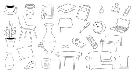 Office objects illustration on white background. Home decor, furniture, stationery, comfort, drawing, still life, simple, creative, office supplies, interior.