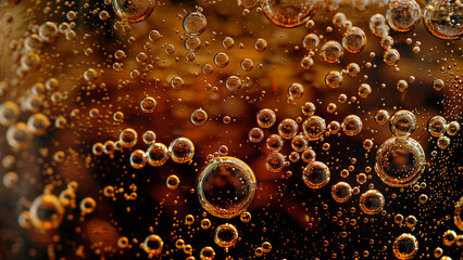 Closeup of cola fizz with carbonated soda bubbles