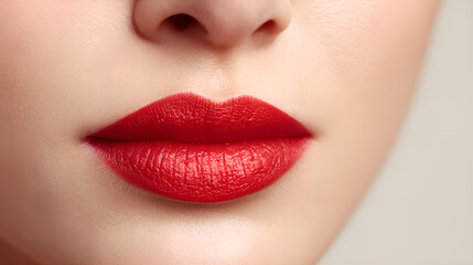 Fototapeta premium Woman showing red lipstick on her perfect lips closeup