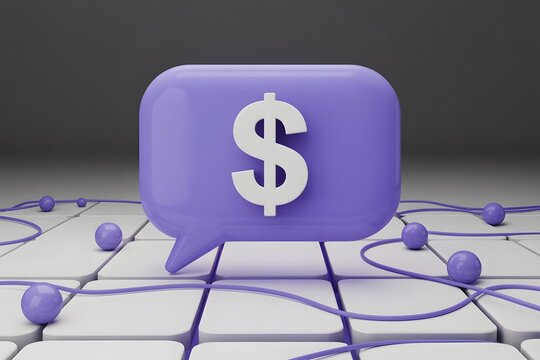 Conceptual 3d rendering of a purple speech bubble with a white dollar sign symbolizing financial communication and online money discussions on a tiled surface with purple spheres