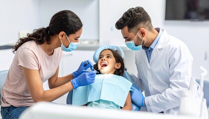 Obraz premium A dentist checking a child’s teeth with supportive parents, healthy family dental care.