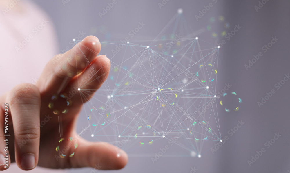 Poster abstract image of a hand interacting with a digital network. represents connection, technology, and 