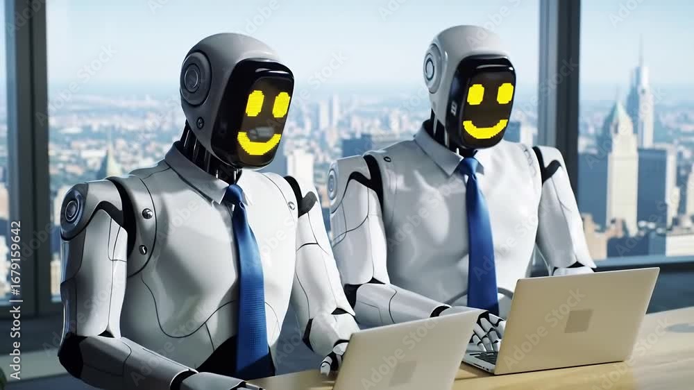 Poster two ai robots in business attire working on laptops in modern office