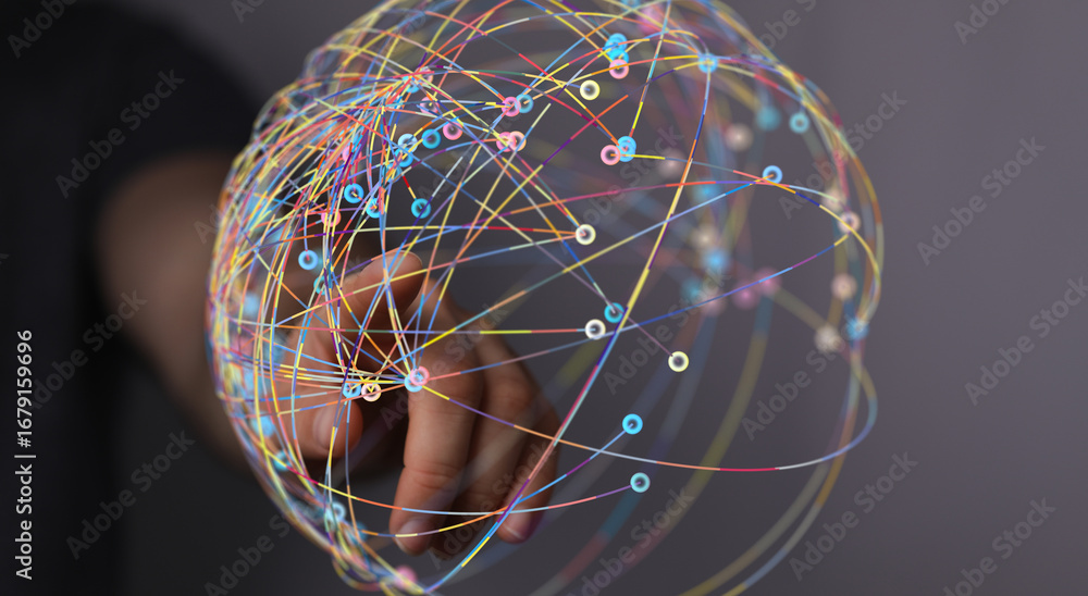 Aufkleber Abstract image of a hand interacting with a colorful network, representing global connectivity and data flow.