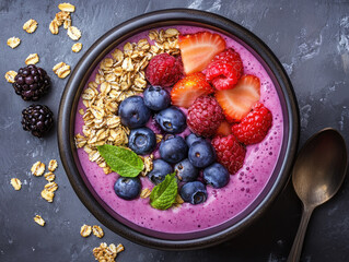 Healthy smoothie bowl with fresh berries, banana, peach and granola, colorful vegan breakfast with...