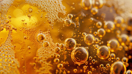 Frothy beer foam with golden lager bubbles macro
