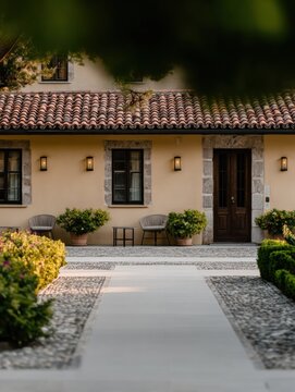 Traditional Italian architecture with rustic villas, courtyards and terraces. Mediterranean interiors with stone walls, wooden details and authentic Tuscan design