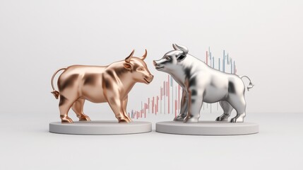 Bronze and silver bull statues facing each other set against a minimalist white background with a candlestick chart