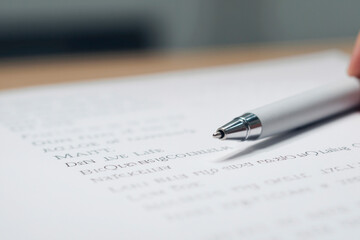 Caucasian hand holding silver pen writing on paper with blurred printed text visible in foreground, closeup focusing on pen tip and partial hand