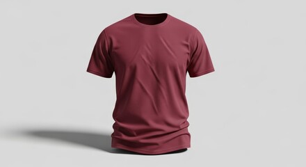 Blank maroon t-shirt mockup isolated on a light grey background.