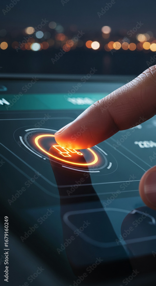 Poster close-up of finger interacting with glowing touchscreen interface, showcasing modern technology and 