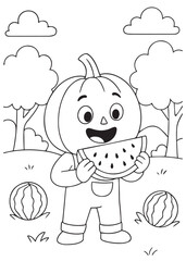 coloring book page of a pumpkin eating watermelon in the garden.