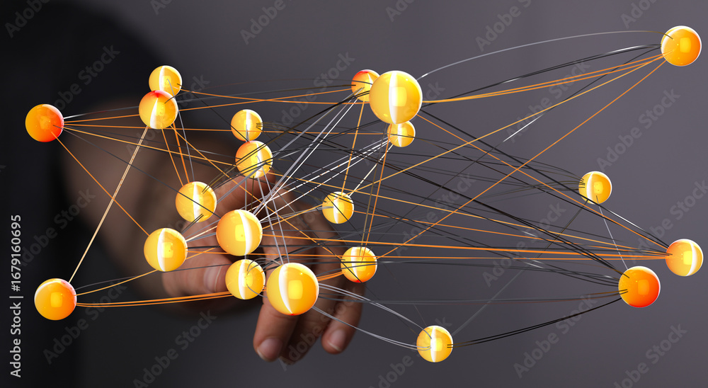 Poster abstract image of interconnected nodes, representing global networks, data flow, and digital connect