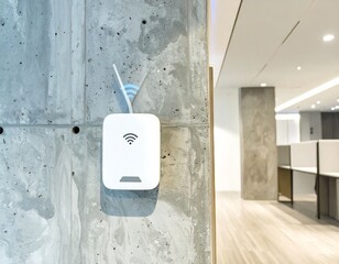 White Wi-Fi router mounted on a textured concrete wall in an office