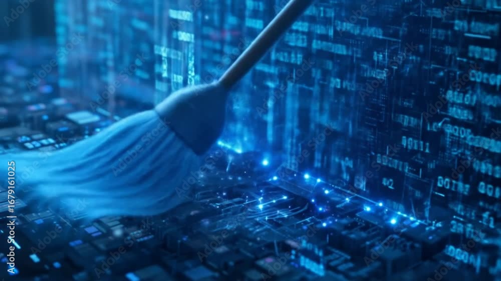 Aufkleber futuristic data cleaning technology interface, sweeping blue binary code, erasing data. 4k video
