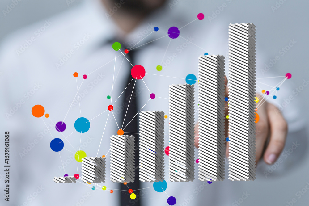 Poster stock photo of a businessman interacting with a 3d bar chart showing business growth and data connec