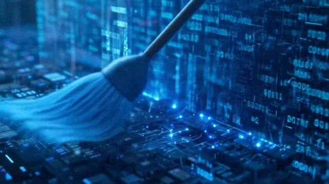 Futuristic data cleaning technology interface, sweeping blue binary code, erasing data. 4k video
