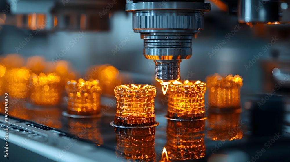 Poster high tech industrial 3d printer creating intricate amber colored objects with glowing light showcasi
