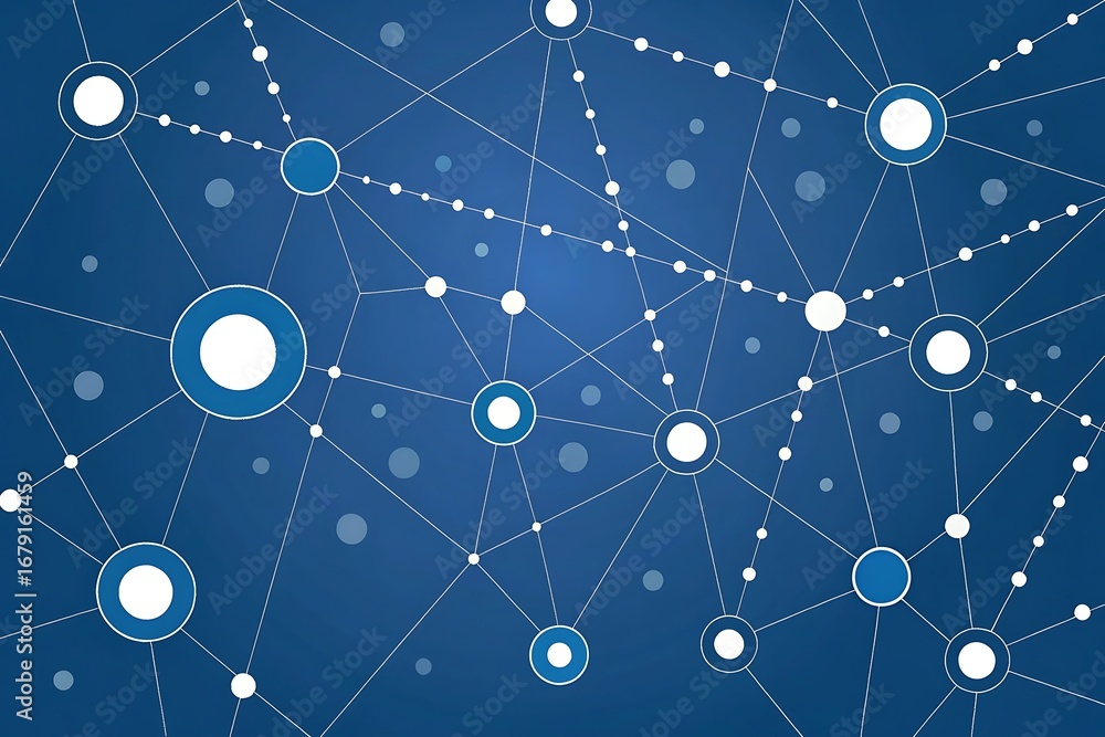 Poster digital network connections with blue nodes and lines on dark blue background technology data
