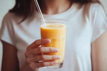 A woman's hand holding a glass of refreshing orange smoothie with a straw.