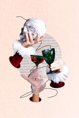 Sketch composite 3D photo collage artwork of retro style sleeve hand hold cocktail toast celebrate...