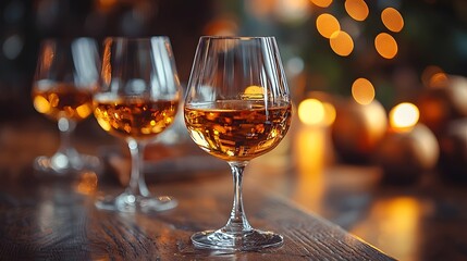 Obraz premium Three elegant glasses of rich amber brandy are displayed on a polished wooden table illuminated by warm festive bokeh lights in the background