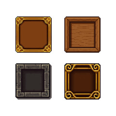 Set of four pixel art frames: golden ornate, wooden, stone, and spiral corner frame. A versatile pack for RPG inventories, fantasy menus, or decorative UI design.