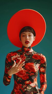 Fashion model showcases bold floral outfit with vibrant hat in studio setting