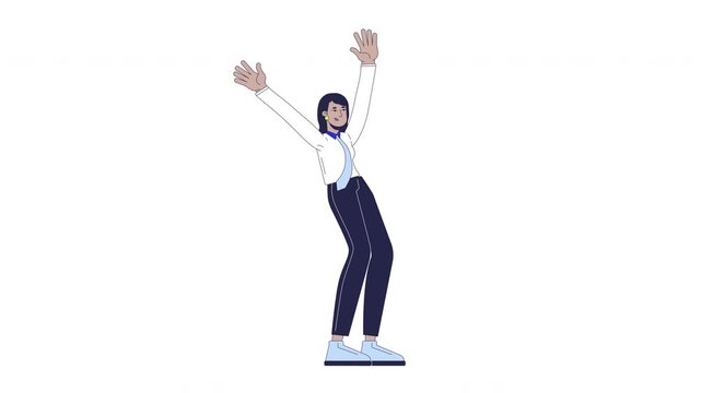 Corporate indian woman swaying with arms raised in excitement 2D character animation. Cheering south asian female office worker exercising animated person cartoon 4K video isolated on white