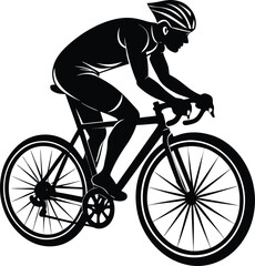 Dynamic silhouette of a cyclist in full motion on a clean white background