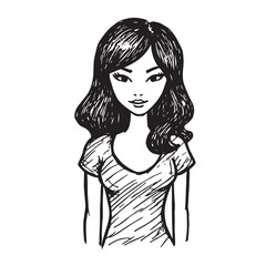 Beautiful Woman Doodle Black and White Illustration Fashion Girl Portrait Line Art Sketch Vector