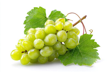 Fresh bunch of ripe green grapes with leaves isolated on white background