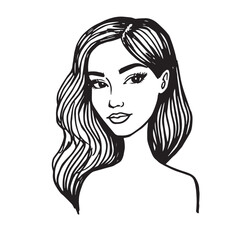 Beautiful Woman Doodle Black and White Illustration Fashion Girl Portrait Line Art Sketch Vector