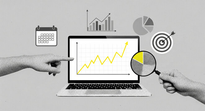 Business analytics illustration showing a laptop with a rising line graph, magnifying glass, and other statistical icons on a gray background - Powered by Adobe