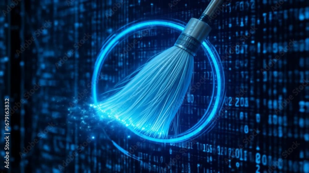Poster futuristic data cleaning technology interface, sweeping blue binary code, erasing data. 4k video