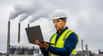 Industrial Engineer Inspecting Factory Emissions with Laptop