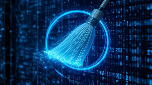 Futuristic data cleaning technology interface, sweeping blue binary code, erasing data. 4k video