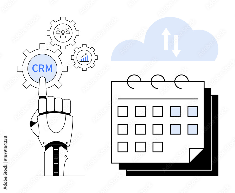 Poster robotic hand selecting crm gear icon with user and analytics cogs, cloud integration, and digital ca