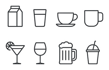 Monochrome beverage icons set featuring diverse drink styles