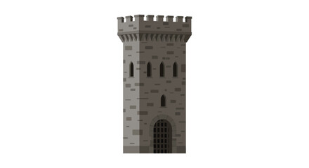 A tall gray castle tower with battlements and barred windows on a white background