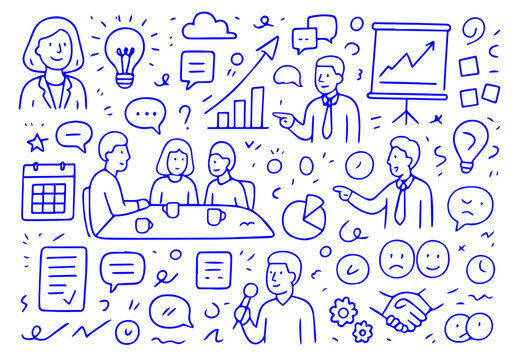 Hand-drawn doodle style vector set, sketchy playful outlines, casual cartoon look, meetings and presentations theme, Editable Formats: AI, EPS, JPG, PNG, Ideal for Both Digital and Print Use

