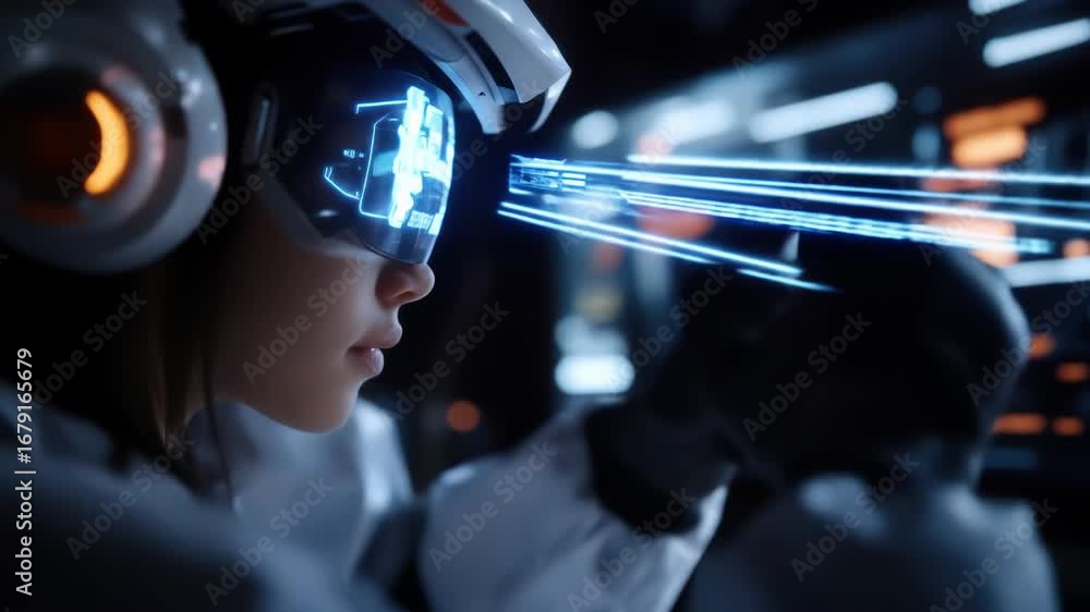 Poster futuristic pilot navigating with advanced augmented reality interface in a spaceship cockpit