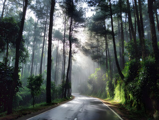 Obraz premium Winding Road Through Misty Forest with Dramatic Sunlight